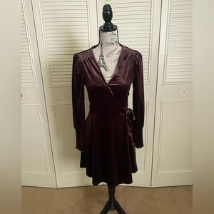 Francesca’s Blue Rain brown velvet wrap dress FLAW- READ DESCRIPTION